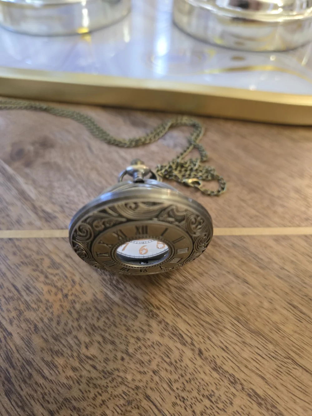 Antique-Style Brass Pocket Watch Necklace - Brass Tone